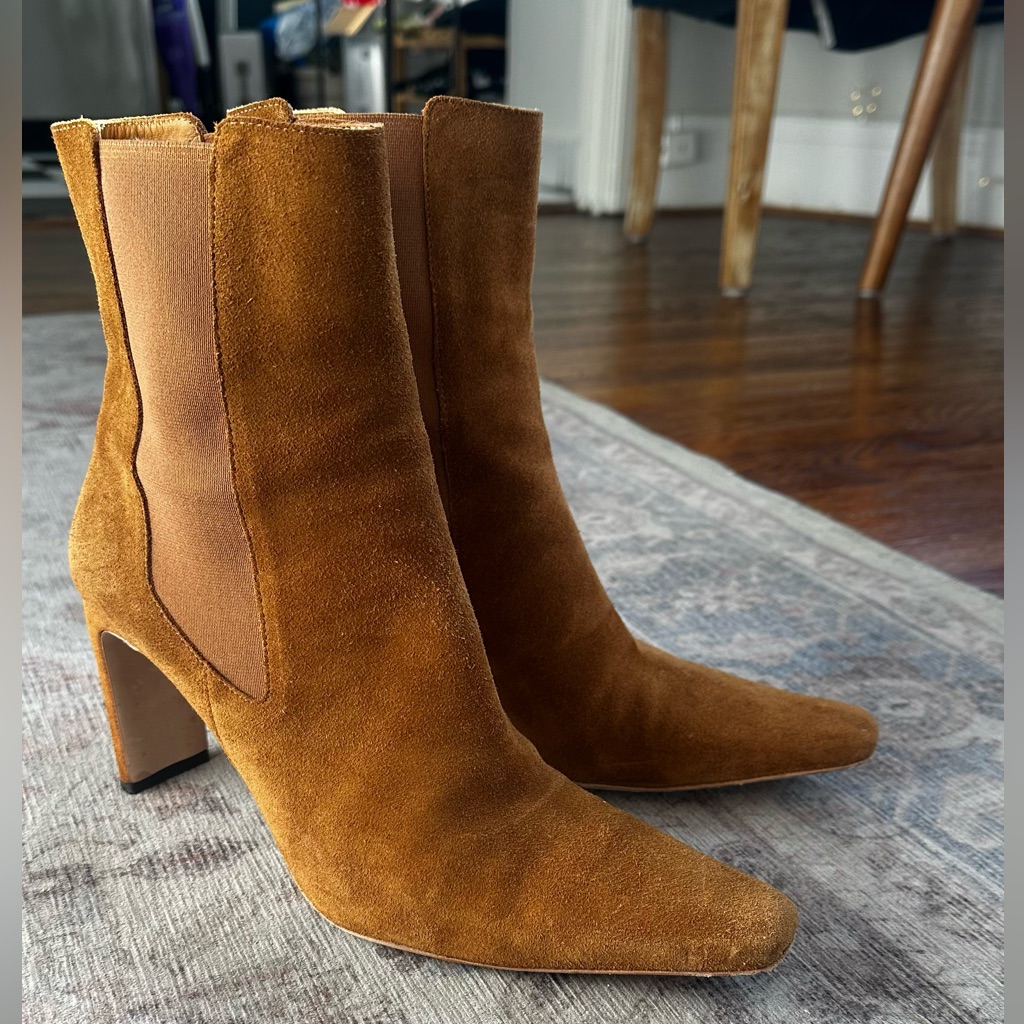 Pointed-Toe Suede Mid Heel Chelsea Boots - Chestnut Brown